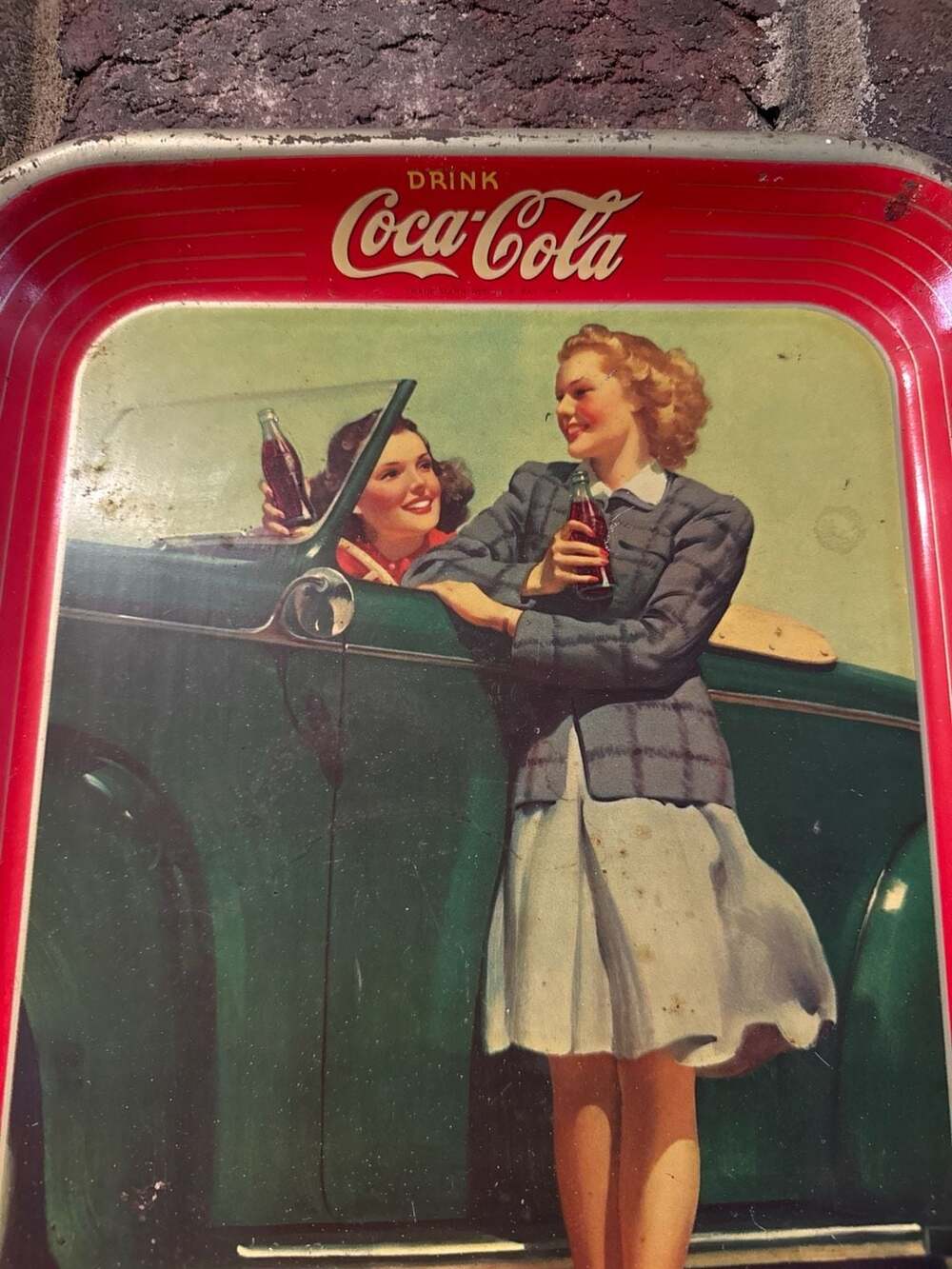 Vintage 1942 Original Coca-Cola Metal Serving Tray Two Girls and Roadster - Picture 6 of 7